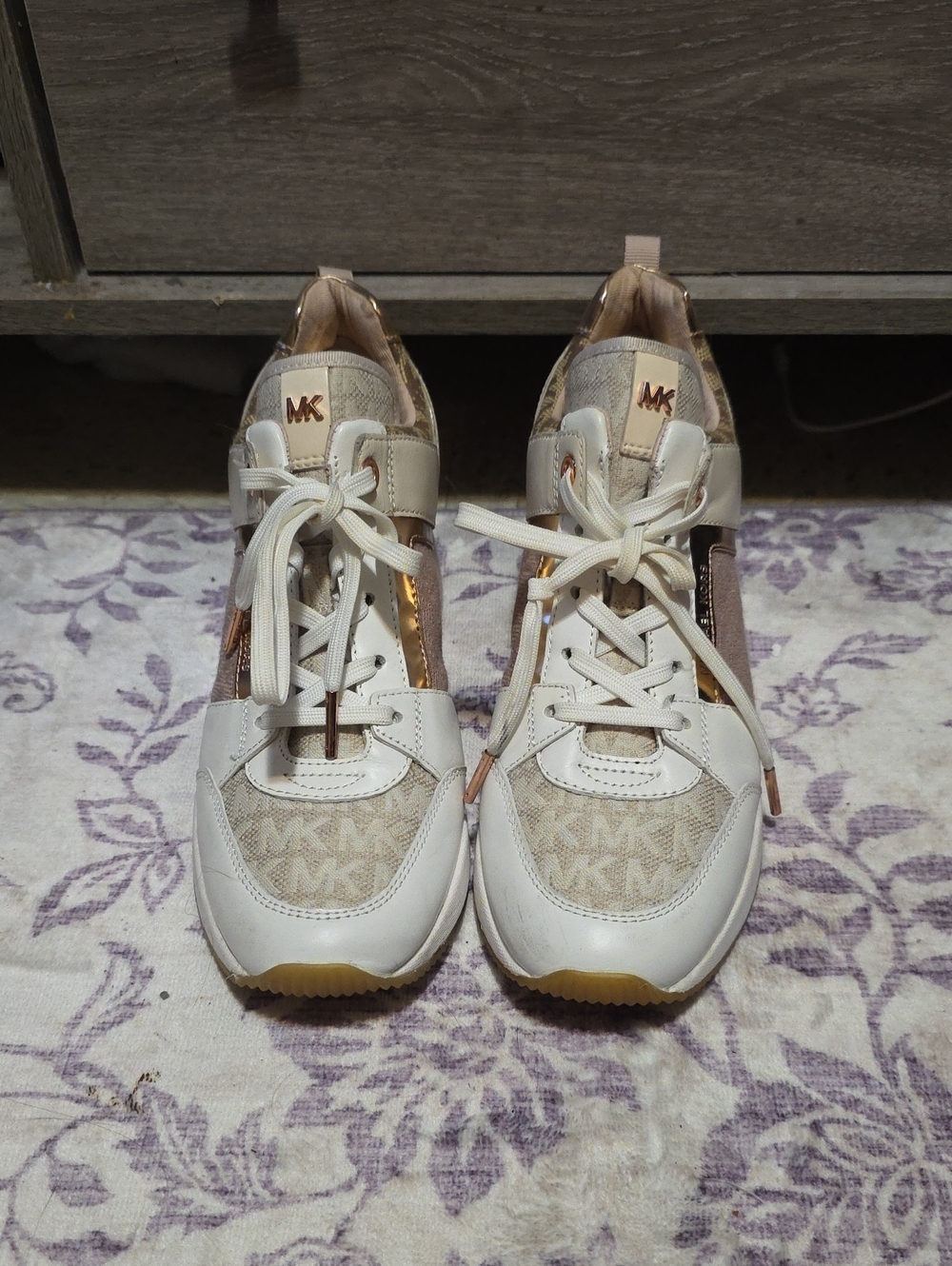 Michael Kors White and Rose Gold Accent Sneakers